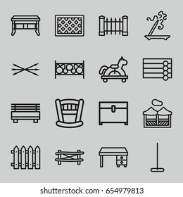 Wooden icons set. set of 16 wooden outline icons such as fence, wooden wall, aroma stick, mop, chest, office desk, pergola, arrow bow, toy horse, baby bed