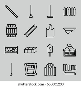 Wooden icons set. set of 16 wooden outline icons such as garden bench, barrel, mop, hoe, fence, nesting house, xylophone, musical pipe, drum stick, pergola, chopping board