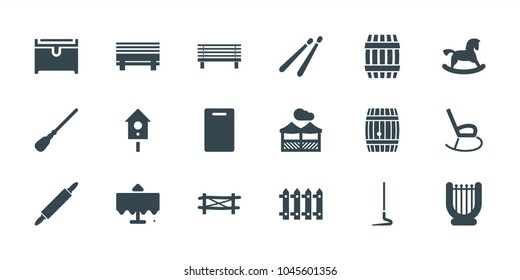 Wooden icons. set of 18 editable filled wooden icons: fence, barrel, restaurant table, horse toy, cutting board, mop, chest, harp, bench, pergola, dough pin, rocking chair