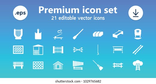 Wooden icons. set of 21 editable filled wooden icons includes fence, garden bench, mop, harp, hoe, bench, xylophone, drum stick, chopping board, ladder to the sky, arrow bow