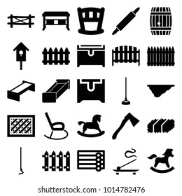 Wooden icons. set of 25 editable filled wooden icons such as fence, garden bench, wooden wall, horse toy, chest, office desk, baby bed, hoe, axe, nesting house, dough pin