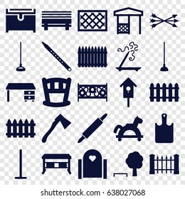 Wooden icons set. set of 25 wooden filled icons such as fence, aroma stick, mop, chest, office desk, hoe, axe, gazebo, nesting house, musical pipe, dough pin, chopping board