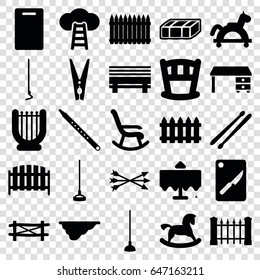 Wooden icons set. set of 25 wooden filled icons such as fence, garden bench, restaurant table, horse toy, cutting board, office desk, hoe, musical pipe, drum stick, cloth pin