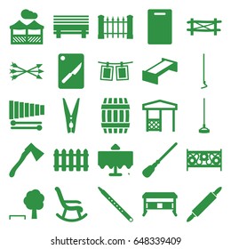 Wooden icons set. set of 25 wooden filled icons such as fence, garden bench, barrel, restaurant table, cutting board, mop, hoe, axe, gazebo, xylophone, musical pipe, cloth pin