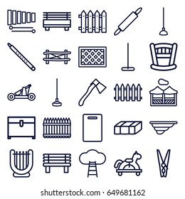 Wooden icons set. set of 25 wooden outline icons such as fence, garden bench, cutting board, mop, chest, hoe, axe, bench, xylophone, musical pipe, cloth pin, pergola