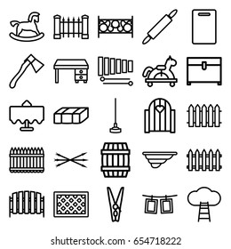 Wooden icons set. set of 25 wooden outline icons such as restaurant table, garden bench, barrel, fence, horse toy, cutting board, chest, office desk, hoe, axe, xylophone