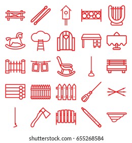 Wooden icons set. set of 25 wooden outline icons such as restaurant table, fence, wooden wall, horse toy, mop, office desk, hoe, axe, nesting house, musical pipe, drum stick