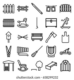 Wooden icons set. set of 25 wooden outline icons such as fence, garden bench, horse toy, aroma stick, mop, chest, hoe, axe, gazebo, nesting house, xylophone, musical pipe