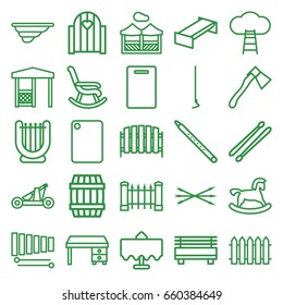 Wooden icons set. set of 25 wooden outline icons such as restaurant table, garden bench, barrel, fence, horse toy, cutting board, office desk, hoe, axe, gazebo, xylophone