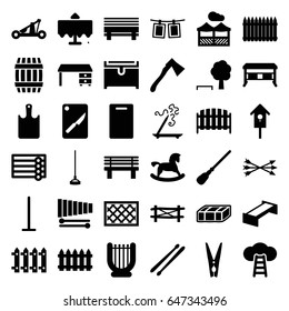 Wooden icons set. set of 36 wooden filled icons such as fence, garden bench, barrel, restaurant table, wooden wall, horse toy, aroma stick, cutting board, mop, chest