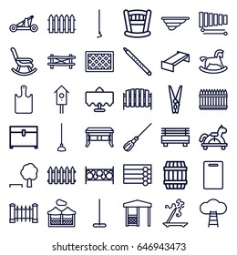 Wooden icons set. set of 36 wooden outline icons such as restaurant table, fence, garden bench, barrel, wooden wall, horse toy, aroma stick, cutting board, mop, chest, hoe