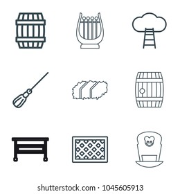 Wooden icons. set of 9 editable outline wooden icons such as barrel, mop, fence, ladder to the sky, garden bench, office desk, harp