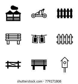 Wooden icons. set of 9 editable filled and outline wooden icons such as fence, bench, photos on rope, pergola, nesting house