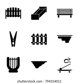 Wooden icons. set of 9 editable filled wooden icons such as harp, fence, cloth pin, garden bench, aroma stick