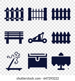 Wooden icons set. set of 9 wooden filled icons such as restaurant table, fence, aroma stick, chest, bench