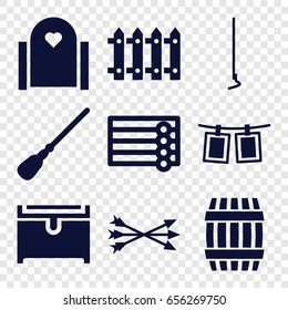 Wooden icons set. set of 9 wooden filled icons such as barrel, wooden wall, mop, chest, hoe, fence, photos on rope, arrow bow