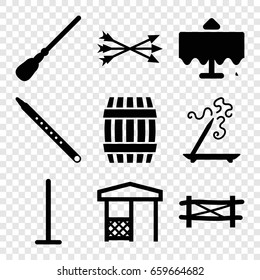 Wooden icons set. set of 9 wooden filled icons such as fence, barrel, restaurant table, aroma stick, mop, gazebo, musical pipe