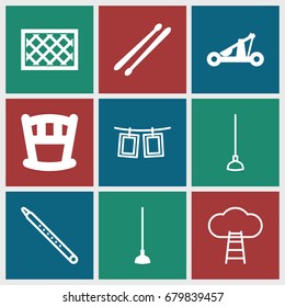 Wooden icons set. set of 9 wooden filled and outline icons such as hoe, fence, drum stick, catapult, musical pipe, photos on rope, ladder to the sky
