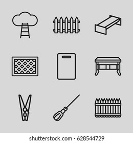 Wooden icons set. set of 9 wooden outline icons such as garden bench, fence, cutting board, mop, cloth pin, office desk