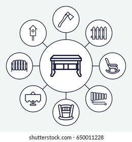 Wooden icons set. set of 9 wooden outline icons such as restaurant table, axe, fence, nesting house, xylophone, office desk, baby bed