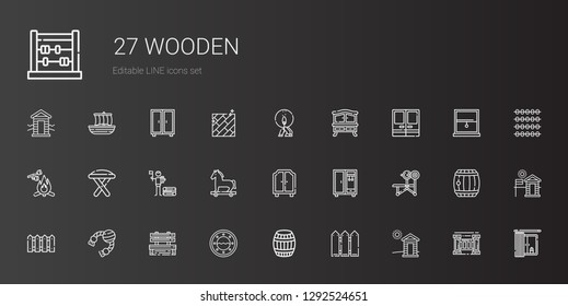 wooden icons set. Collection of wooden with cabin, fence, barrel, window, bench, toy, closet, wardrobe, trojan horse, wood, stool, marshmallow. Editable and scalable wooden icons.