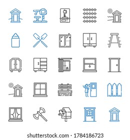 Wooden Icons Set. Collection Of Wooden With Cabin, Door, Birdhouse, Axe, Window, Fence, Bench, Closet, Wardrobe, Stool, Oar, Feeder, Abacus. Editable And Scalable Wooden Icons.