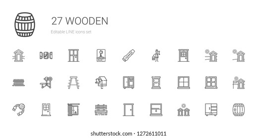 wooden icons set. Collection of wooden with cabins, window, door, bench, toy, chest of drawers, closet, birdhouse, stool, fence, flute, barrel. Editable and scalable wooden icons.