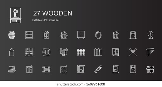 wooden icons set. Collection of wooden with chest of drawers, flute, window, floor, fence, trireme, closet, lyre, barrel, abacus, feeder, cabin. Editable and scalable wooden icons.
