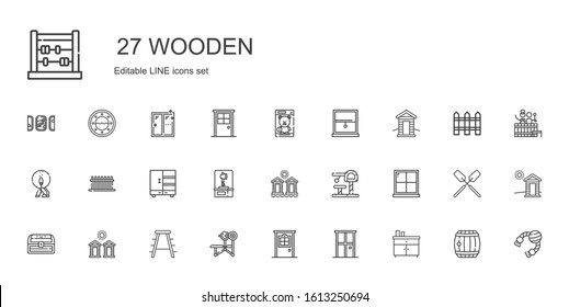 wooden icons set. Collection of wooden with chest of drawers, door, bench, stool, cabins, chest, window, toy, axe, closet, fence, match, cabin. Editable and scalable wooden icons.
