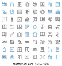 wooden icons set. Collection of wooden with door, cabin, oar, wardrobe, closet, window, abacus, trojan horse, chest of drawers, feeder, toy. Editable and scalable wooden icons.