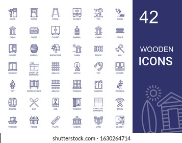 wooden icons set. Collection of wooden with door, stool, closet, toy, wood, cabin, chest, barrel, fence, birdhouse, axe, window, chest of drawers. Editable and scalable wooden icons.