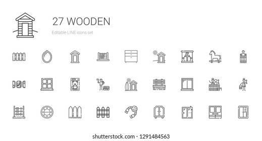 wooden icons set. Collection of wooden with window, wardrobe, toy, fence, abacus, bench, cabin, wood, windows, chest of drawers, closet, doors. Editable and scalable wooden icons.