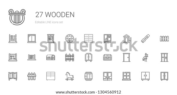 wooden\
icons set. Collection of wooden with window, doors, barrel, trojan\
horse, chest of drawers, fence, room divider, door, chest,\
wardrobe. Editable and scalable wooden\
icons.