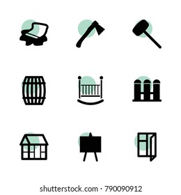 Wooden icons. vector collection filled wooden icons set.. includes symbols such as barrel, fence, floor cloth, frame house, axe, window. use for web, mobile and ui design.