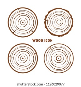 Wooden icons, vector wooden sawn rings, cut sections of the trunk. Logotype, woodworking and forest industry icon. Vector illustration isolated.