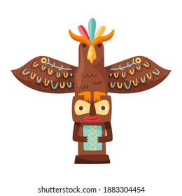 Wooden Indian Thunderbird Totem with Wings as Ethnic Symbol Vector Illustration