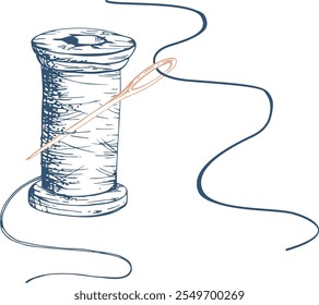 bobina de meada de carretel de fio de índigo de madeira, agulhas de alfinete. Mão desenhado tinta vetor ilustração costurar ofício bordados suprimentos. Composição isolada sobre fundo branco. Ateliê de design, alfaiate, loja de hobby