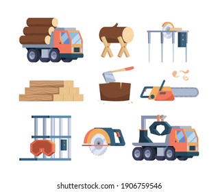 Wooden industry. Lumber axe sawmill timber forestry production woodcutter collections garish vector flat pictures set