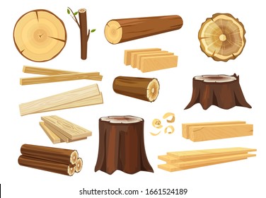 Wooden industry. Lumber trunks stacking log vector forestry objects stump and branches collection