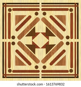 Wooden inlay with light background, dark wooden patterns. Wooden art decoration template. Veneer textured geometric ornament. Vector design.