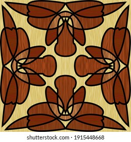 Wooden inlay, ornament made of multicolored wood. square tile. Interior decorative element, furniture decoration, parquet flooring. Vector design