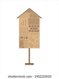 Wooden insects hotel, garden accessories for eco-friendly attitude to nature, conceptual illustration of insects care and environment protection