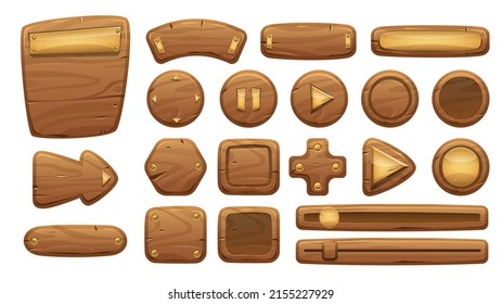 Wooden interface panel. 2D game cartoon wood buttons and menu UI elements, empty signboard and banner. Vector game asset isolated collection. Play, stop signs, bars and blank planks set