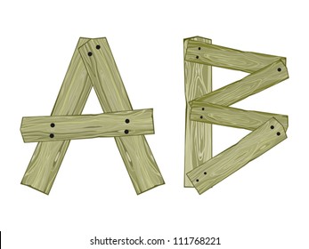 Wooden Isolated A, B Letters on White Background, Vector Illustration
