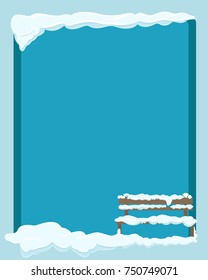 Wooden isolated bench under white snow in corner of dark blue background covered with snow with empty space for inscriptions. Vector illustration in flat design of frosty winter weather outdoors.