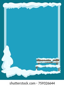 Wooden isolated bench under white snow in corner of dark blue background covered with snow with empty space for text. Vector illustration in flat design of greeting card with empty space
