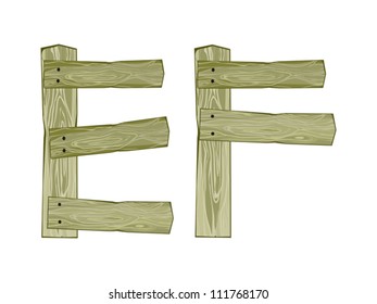 Wooden Isolated E, F Letters on White Background, Vector Illustration