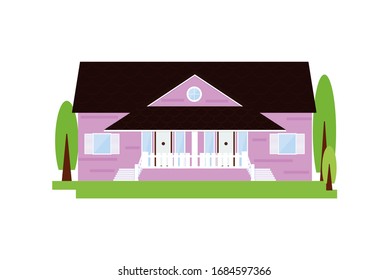 Wooden isolated house, chalet, cottage, family hotel with garden vector illustration on white background. Element for graphic design, advertising of real estate agency. Flat style