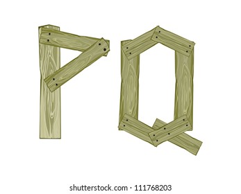 Wooden Isolated P, Q Letters on White Background, Vector Illustration