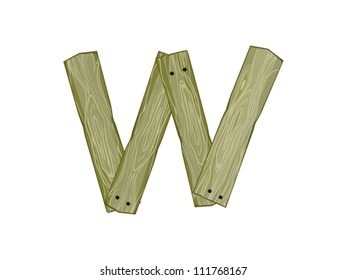 Wooden Isolated W Letter on White Background, Vector Illustration